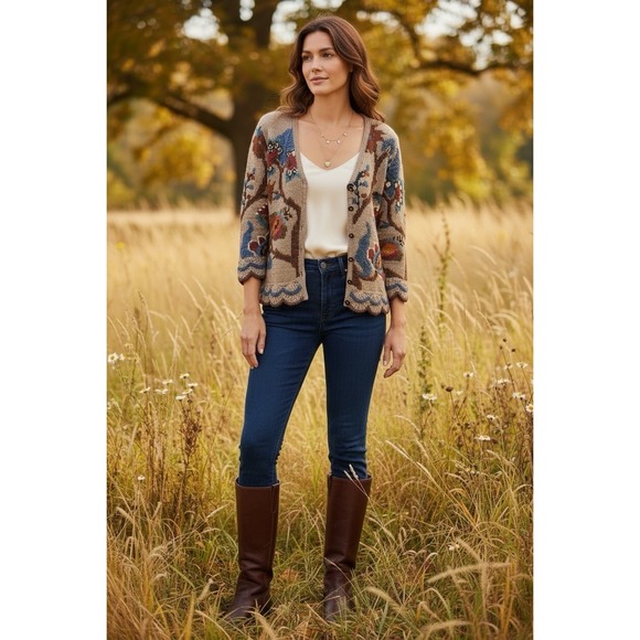 Vintage Peruvian Connection Cardigan Pima Cotton Scalloped Fall Leaves SMALL - Picture 2 of 13